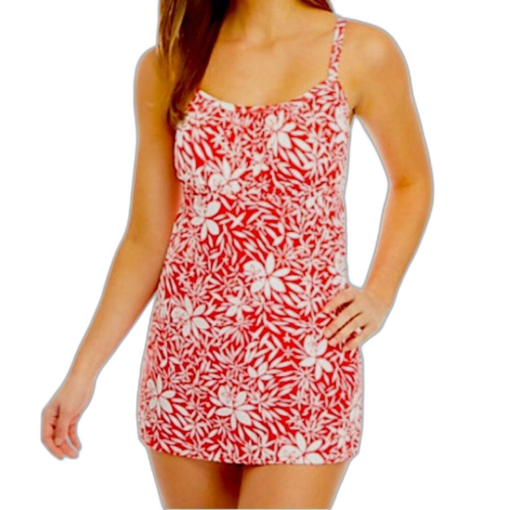 KIM ROGERS Red and White Floral One Piece Swimsuit Swim Dress Womens Large